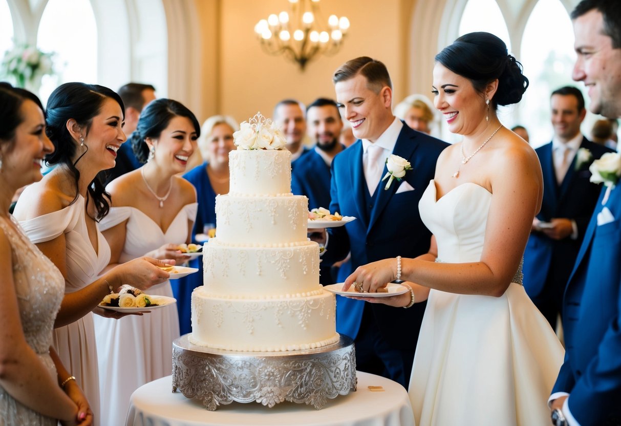 Wedding guests eagerly line up for a slice of the towering, ornately decorated wedding cake, served by a smiling server