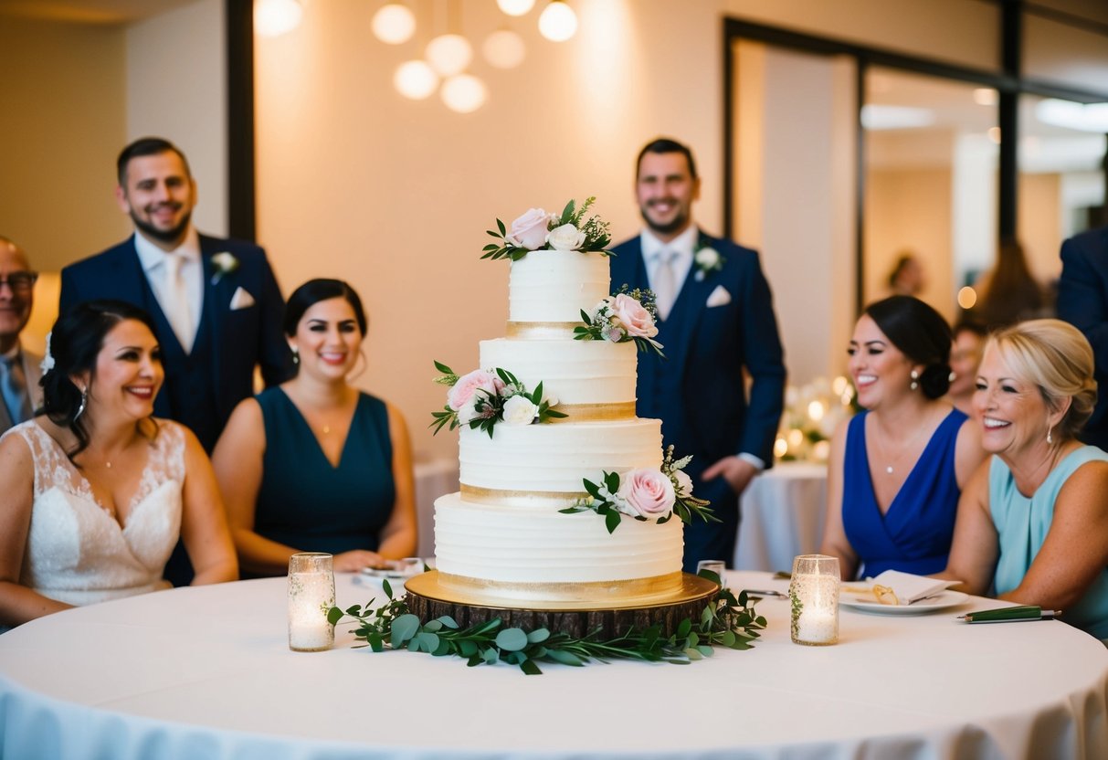 A tiered wedding cake with floral decorations sits on a table, surrounded by happy guests