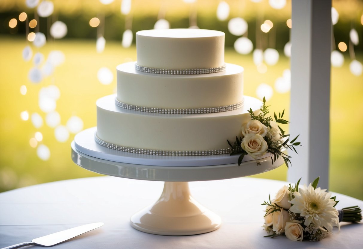 A wedding cake on a simple, elegant display stand with budget-friendly decorations and flowers
