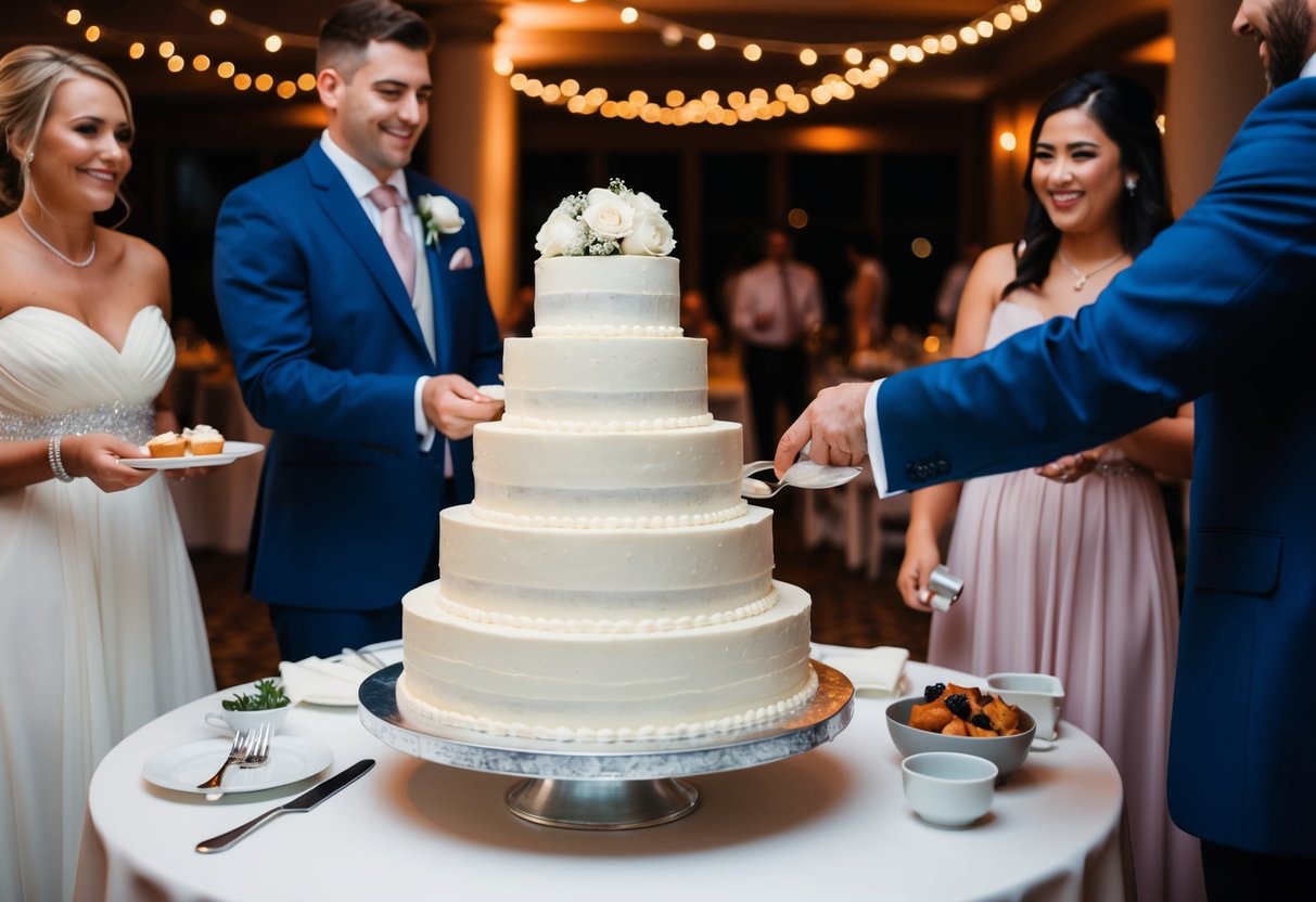 A tiered wedding cake being served to guests at a reception