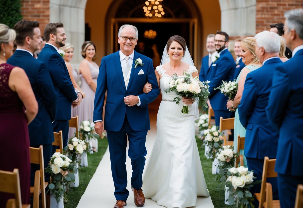 The father of the groom walks down the aisle with the mother of the groom