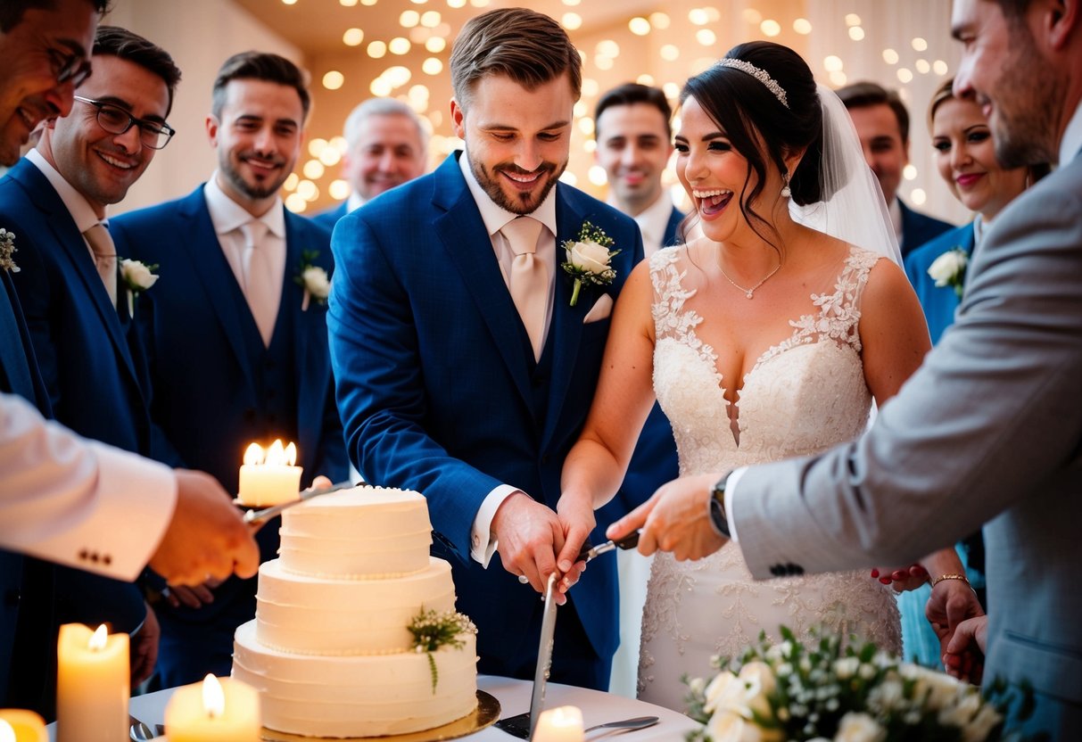 The bride and groom cut the cake together, surrounded by their guests, with the soft glow of candlelight illuminating the joyous occasion