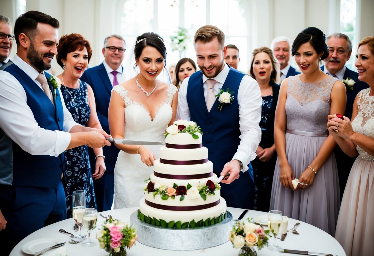 The bride and groom stand together, surrounded by eager wedding guests, as they prepare to cut into a beautifully decorated multi-tiered wedding cake