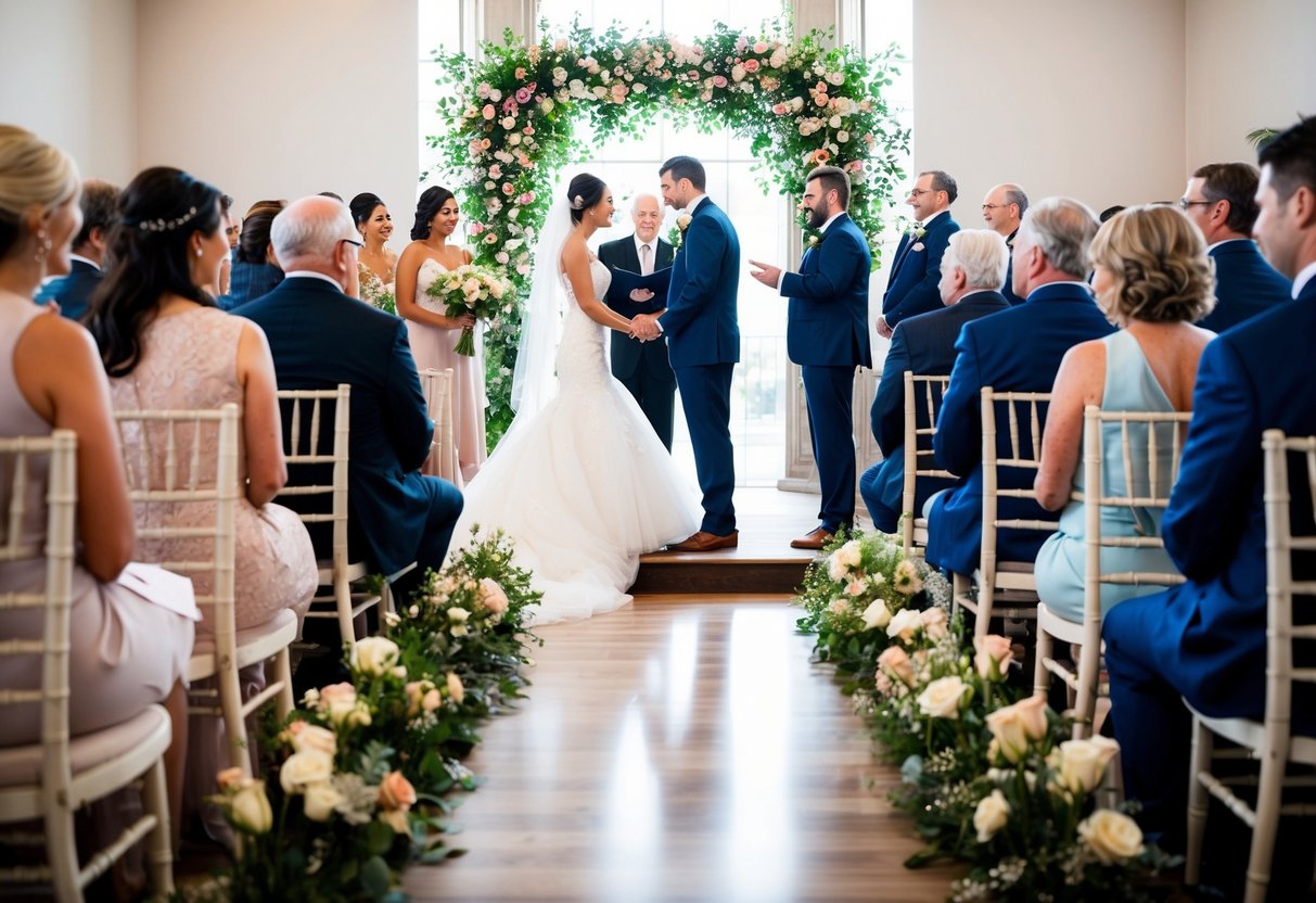 A bride and groom exchange vows at an altar adorned with flowers, while guests sit in rows of chairs. A celebratory atmosphere fills the air as the couple walks down the aisle