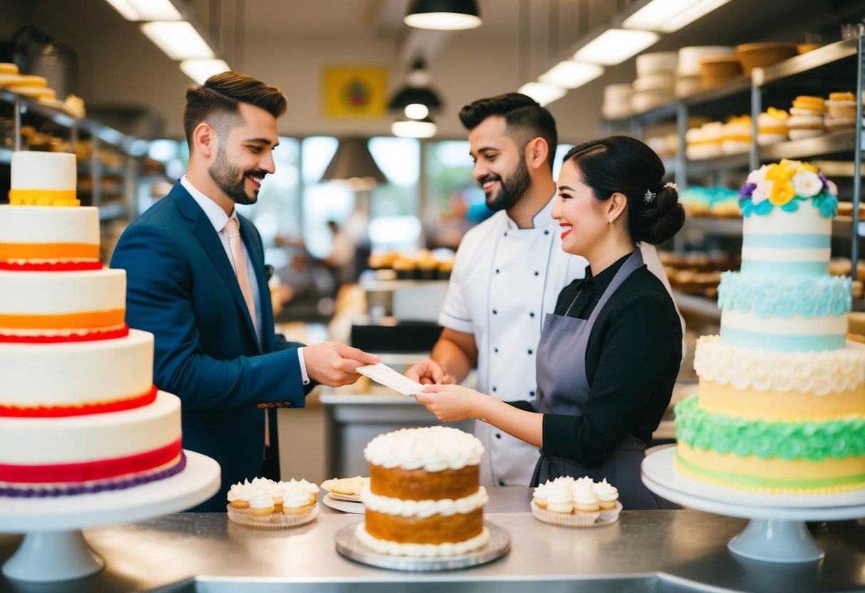 A couple hands over a check to a baker in a bustling bakery, surrounded by towering wedding cakes and colorful frosting