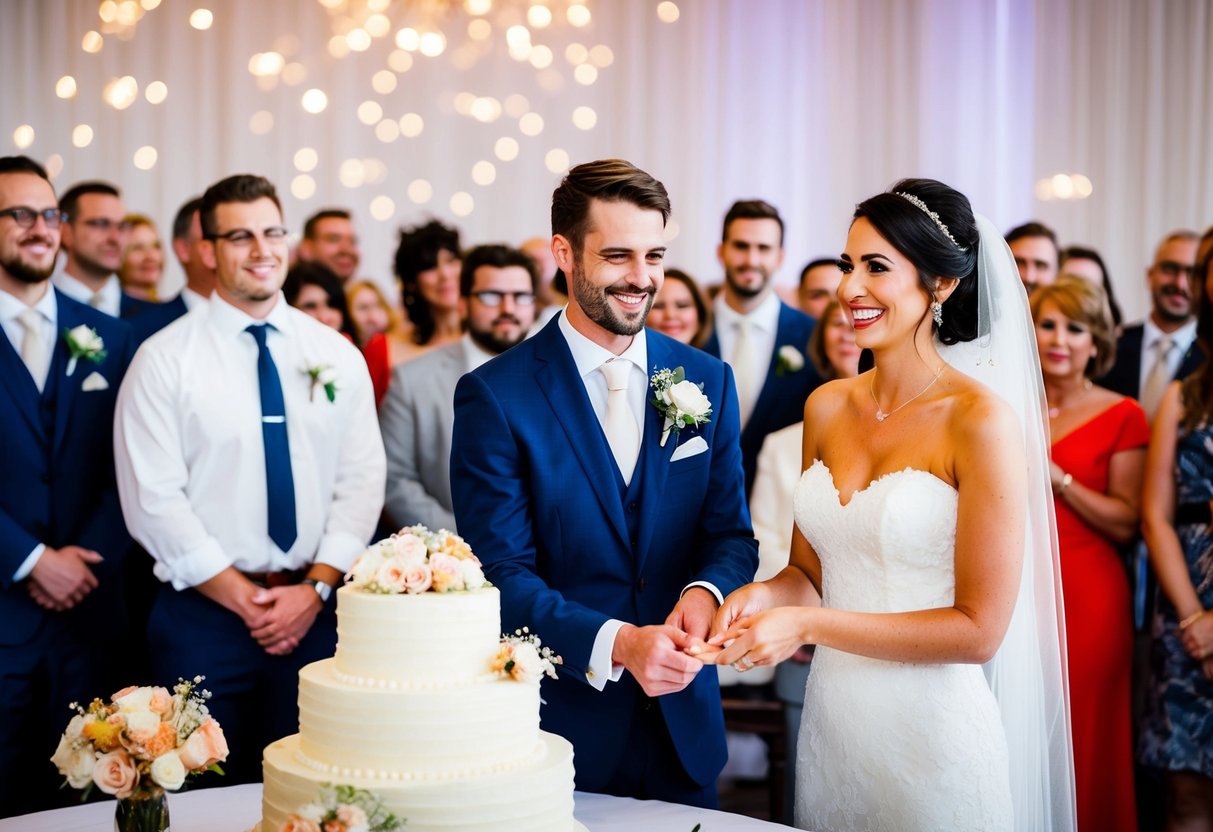 The bride and groom stand beside the cake, holding hands and smiling as they prepare to cut it. The guests watch eagerly, ready to join in the celebration