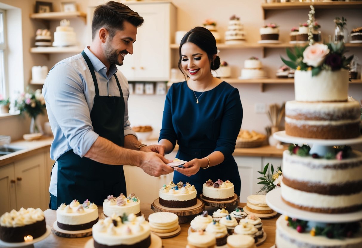 A couple hands over payment to a baker in a cozy bakery, surrounded by wedding cake samples and decorations