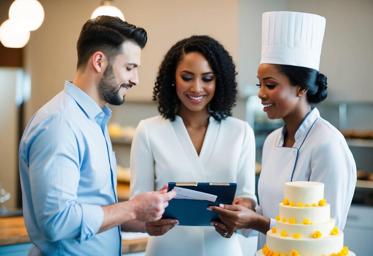 A couple and a baker discussing payment for a wedding cake. The couple holds a checkbook while the baker presents a cake sketch