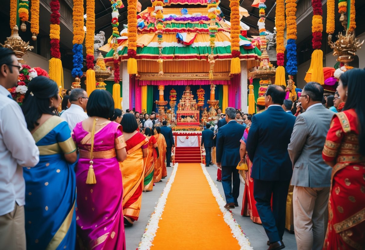 A colorful procession of family and friends leads to a ceremonial altar, adorned with traditional decorations and symbolic offerings