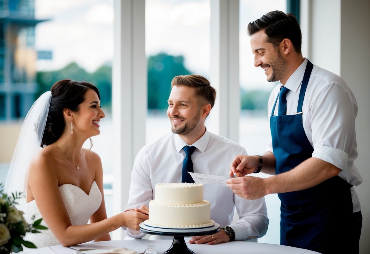 A couple sitting at a table with a wedding cake, handing over a check to a baker. The baker is holding a contract and smiling