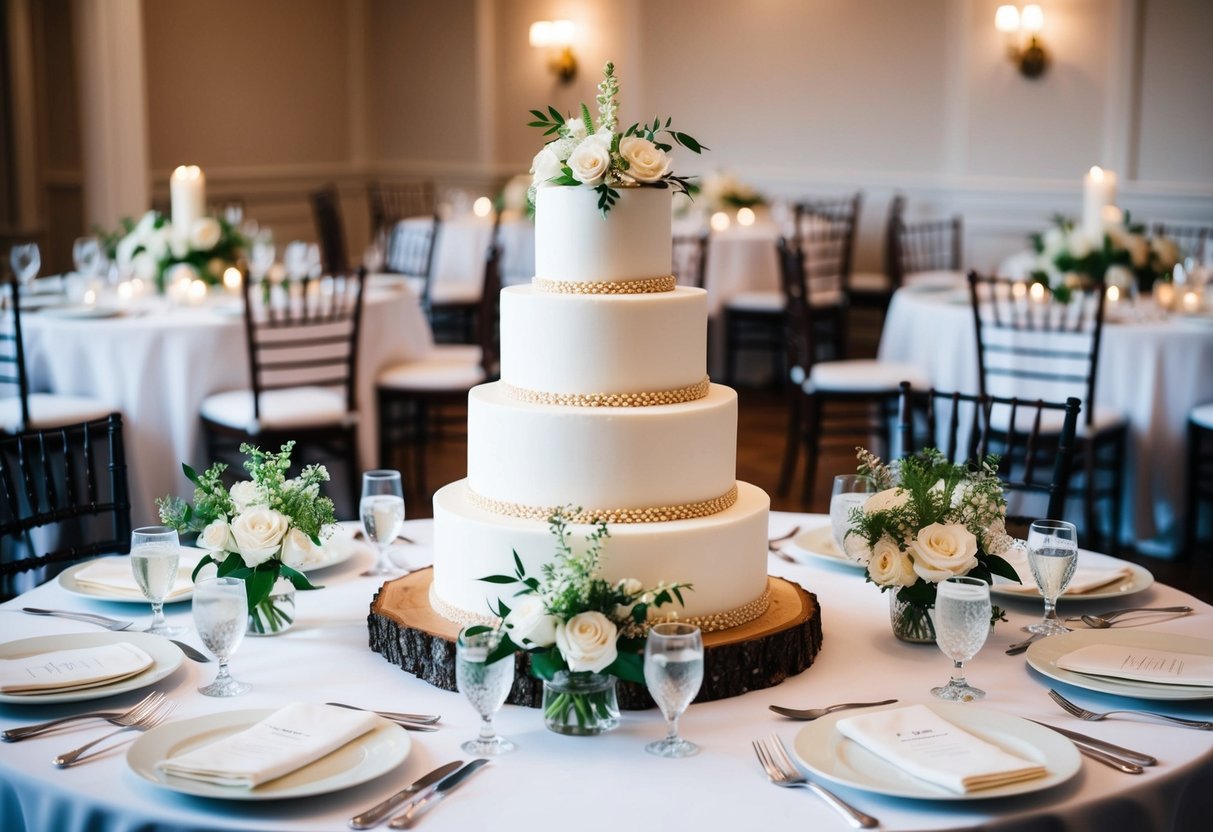 A three-tiered wedding cake with elegant decorations, surrounded by 50 place settings and floral centerpieces