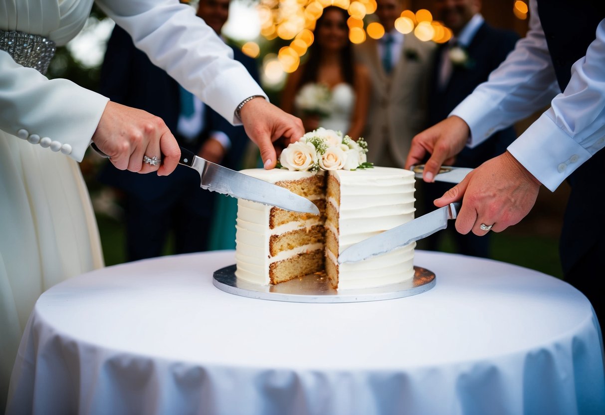 A wedding cake being cut into slices for 50 guests