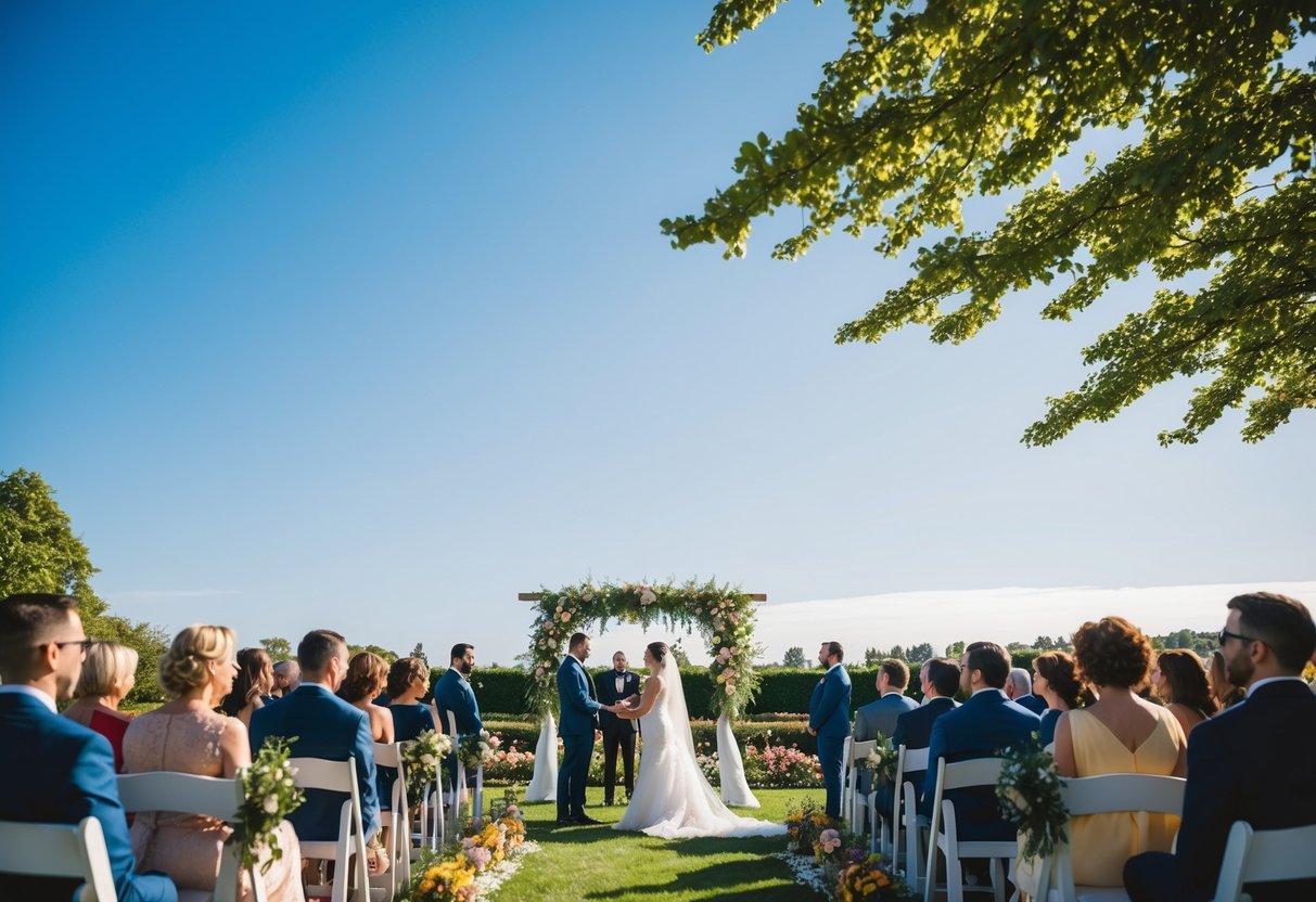 A sunny outdoor wedding ceremony at 12pm with a clear blue sky, lush greenery, and colorful flowers in bloom