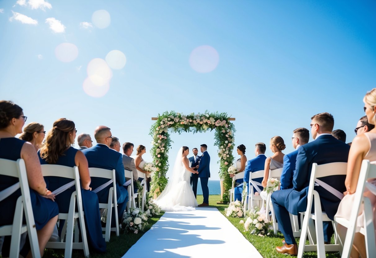 A bright, sunlit outdoor wedding ceremony with guests seated in white chairs, a floral arch at the altar, and a clear blue sky overhead