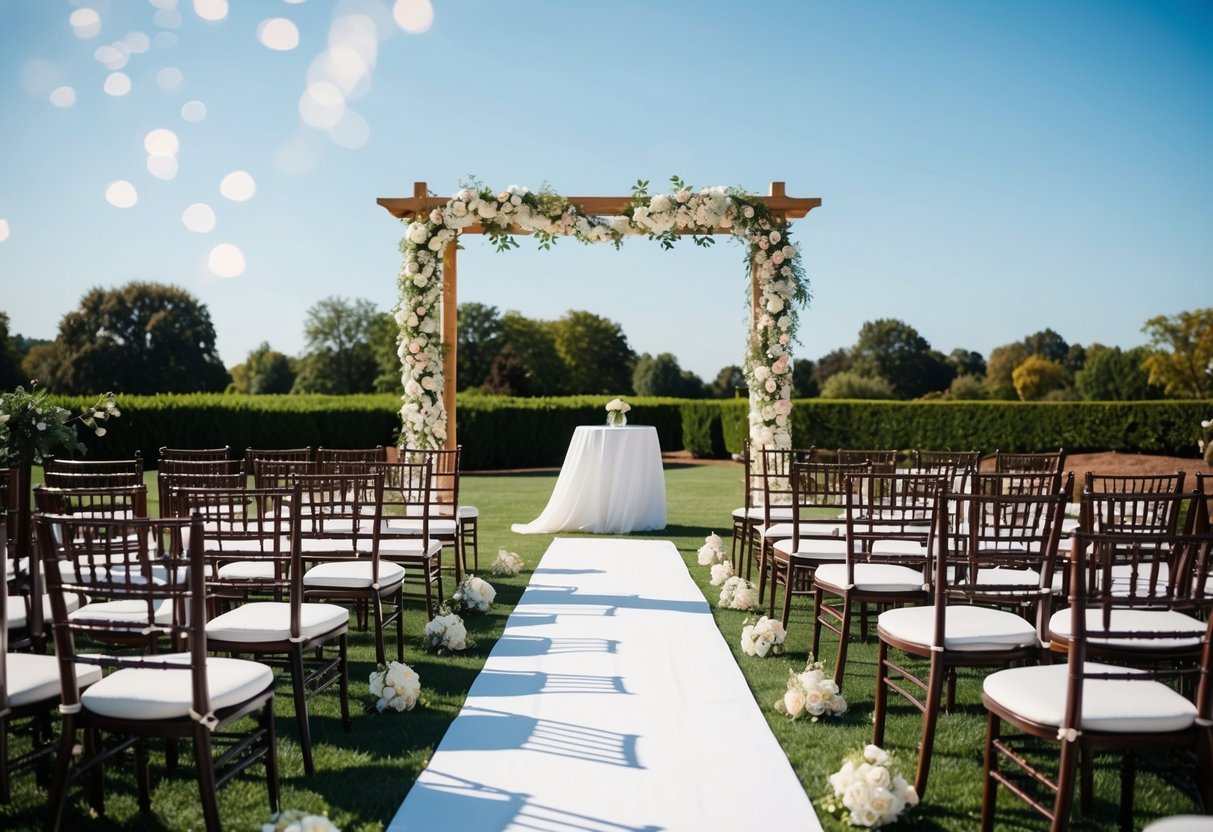 A sunny outdoor wedding venue with a decorated arch and rows of chairs set up for guests