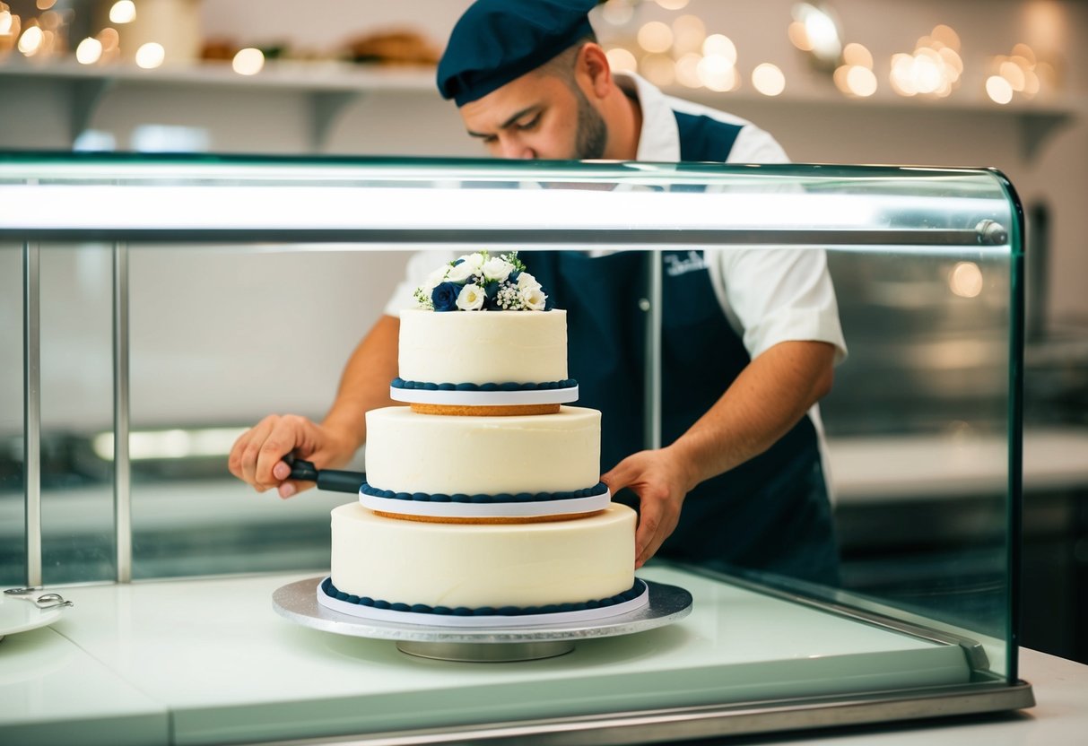 A bakery worker placing a tiered wedding cake into a display case