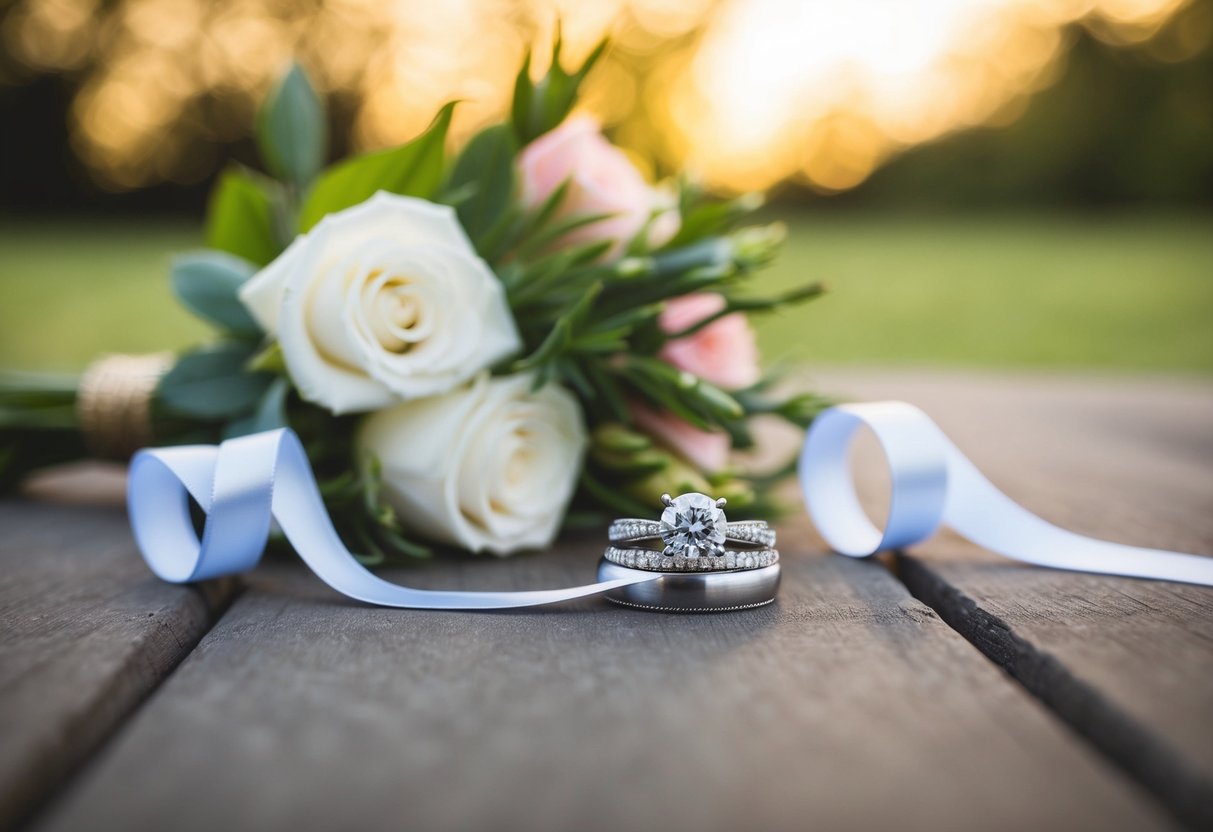 A wedding ring, a bouquet of flowers, and two intertwined ribbons