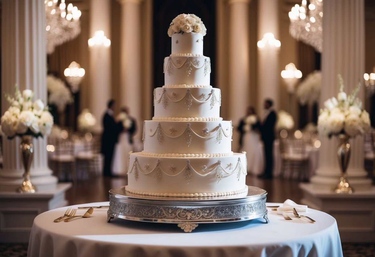 A grand wedding cake stands adorned with intricate details and lavish decorations, symbolizing opulence and extravagance