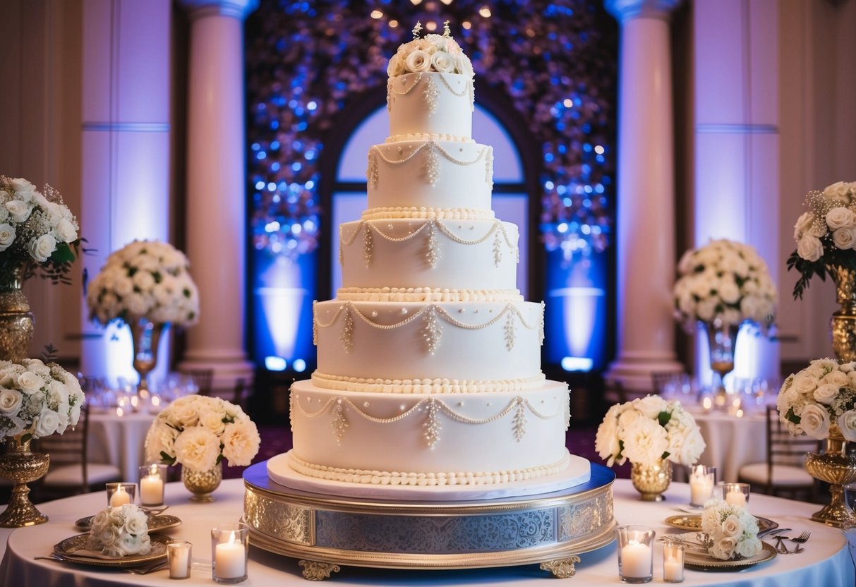 A grand wedding cake displayed in a lavish ballroom, adorned with intricate details and surrounded by opulent decorations