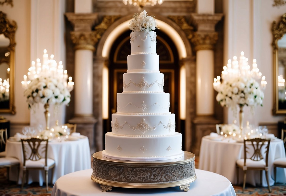 A grand wedding cake displayed in an opulent setting, adorned with intricate details and lavish decorations
