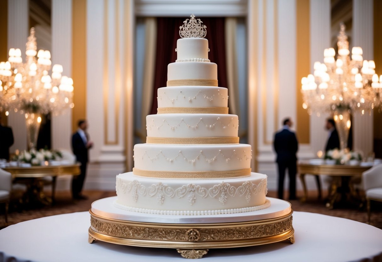 A grand wedding cake displayed in an opulent setting with intricate decorations and layers
