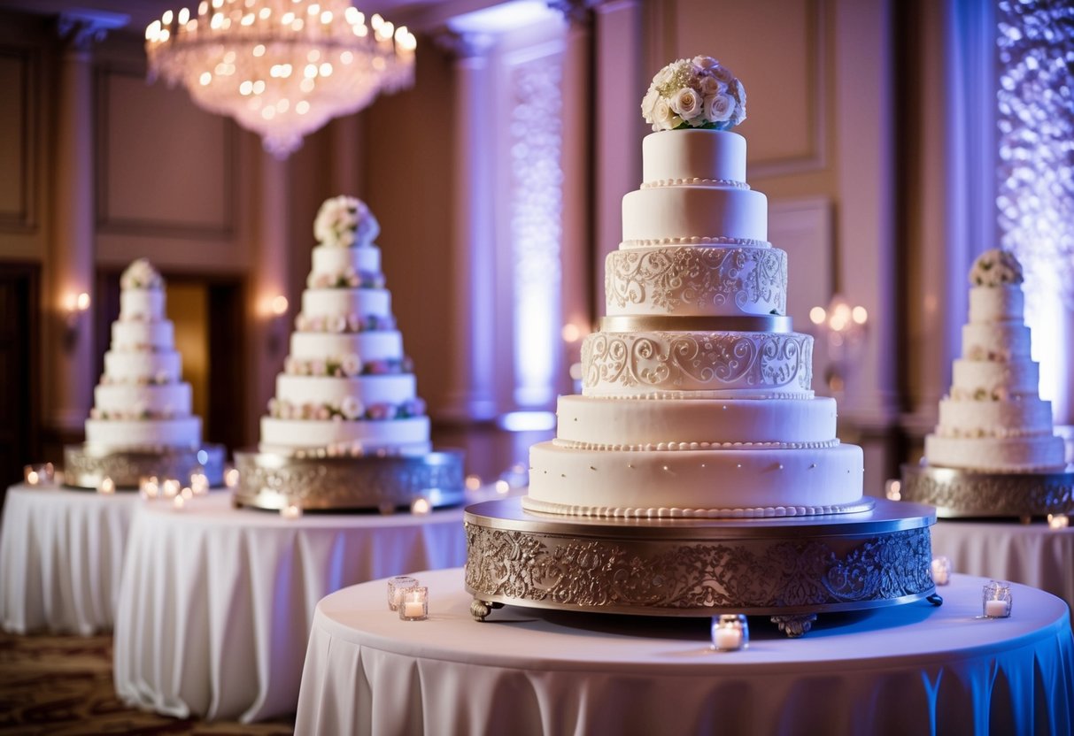 A grand, multi-tiered wedding cake displayed in a lavish reception hall, adorned with intricate designs and elaborate decorations