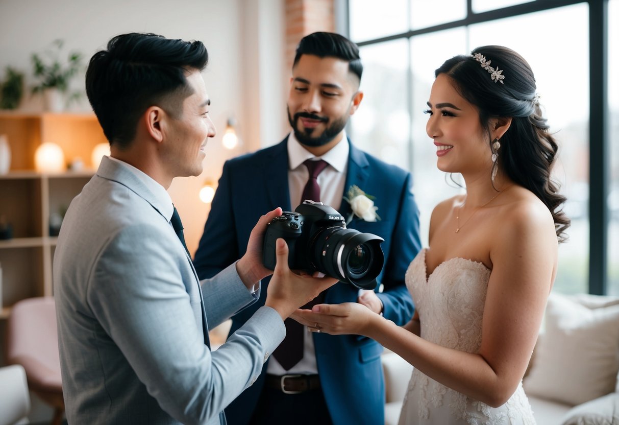 A wedding photographer holding a camera and discussing pricing with a couple in a cozy, well-lit studio
