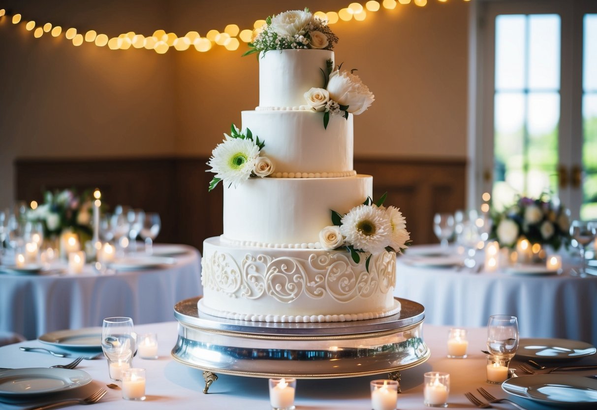A three-tiered white wedding cake adorned with fresh flowers and intricate icing designs sits atop a silver cake stand, surrounded by twinkling fairy lights and elegant table settings