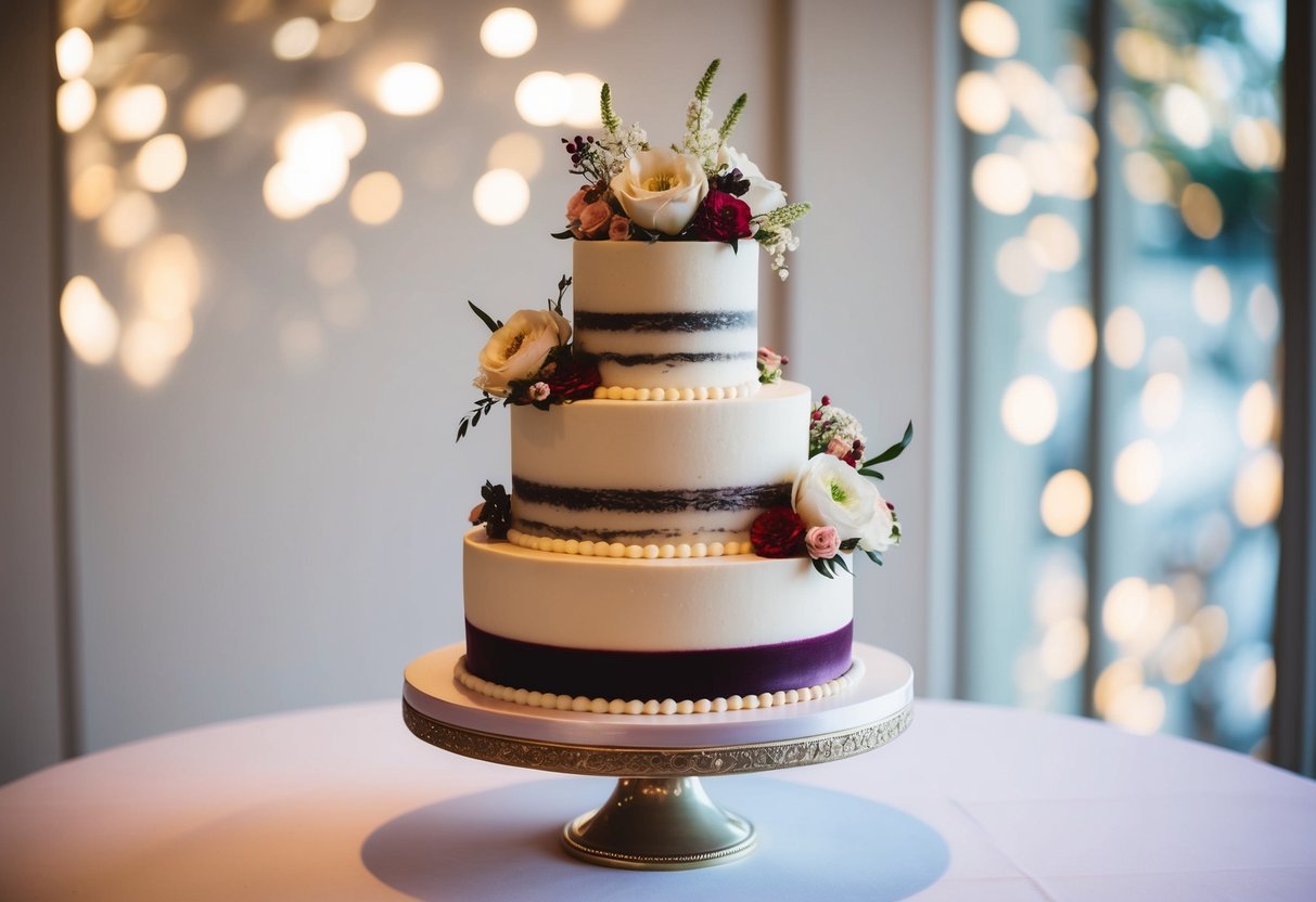 A three-tiered wedding cake with intricate floral decorations and a combination of different fillings and icings, displayed on a elegant cake stand