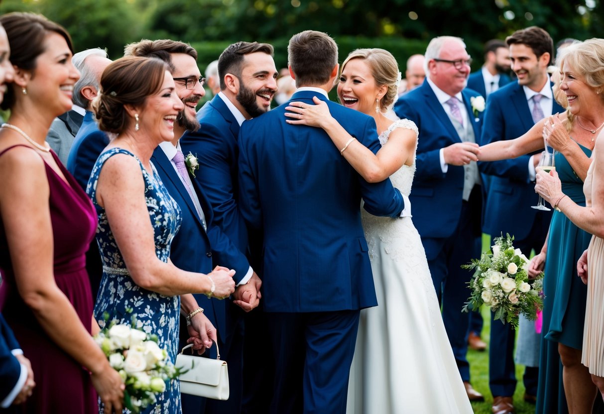 Guests line up to congratulate the newlyweds, exchanging hugs and well-wishes. Laughter and chatter fill the air as the bride and groom graciously receive each guest