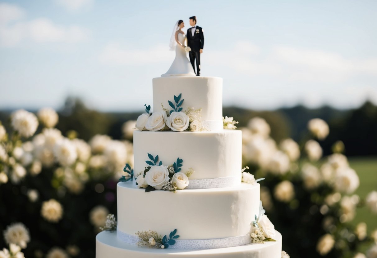 A tiered white wedding cake with intricate floral decorations and a bride and groom cake topper