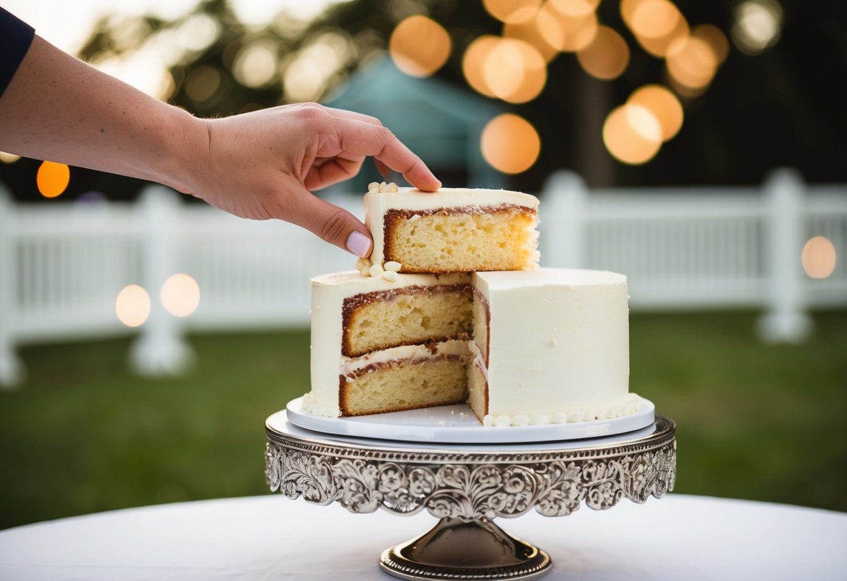 A hand reaches for the first slice of wedding cake on a decorative stand