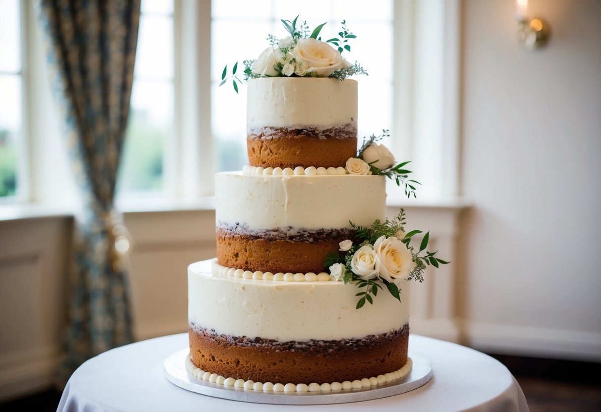 A three-tiered wedding cake with classic fruit cake flavor, adorned with white icing and delicate floral decorations