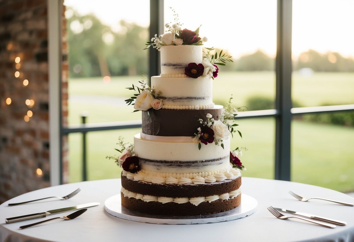 A tiered wedding cake with layers of vanilla, chocolate, and fruit cake, adorned with white icing and delicate floral decorations