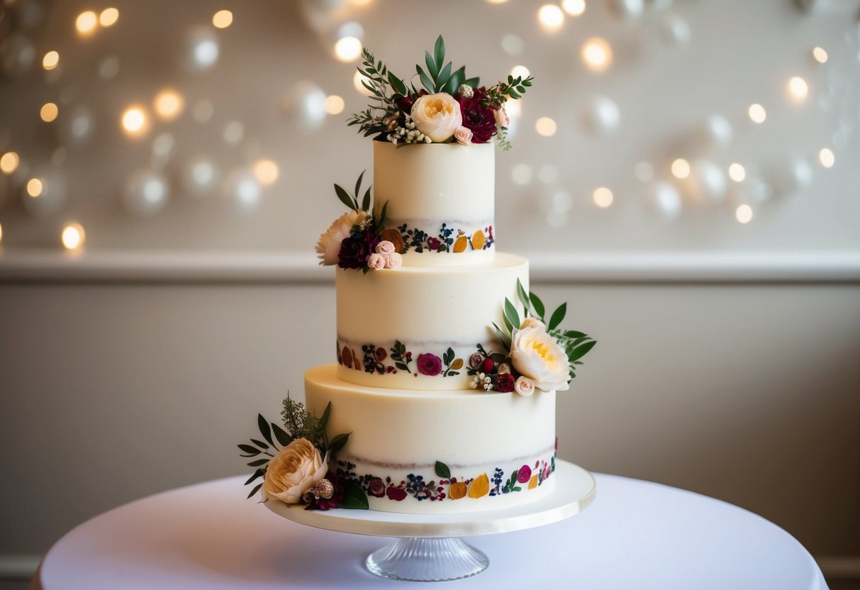 A tiered wedding cake with classic fruitcake flavor, adorned with floral decorations and elegant icing details