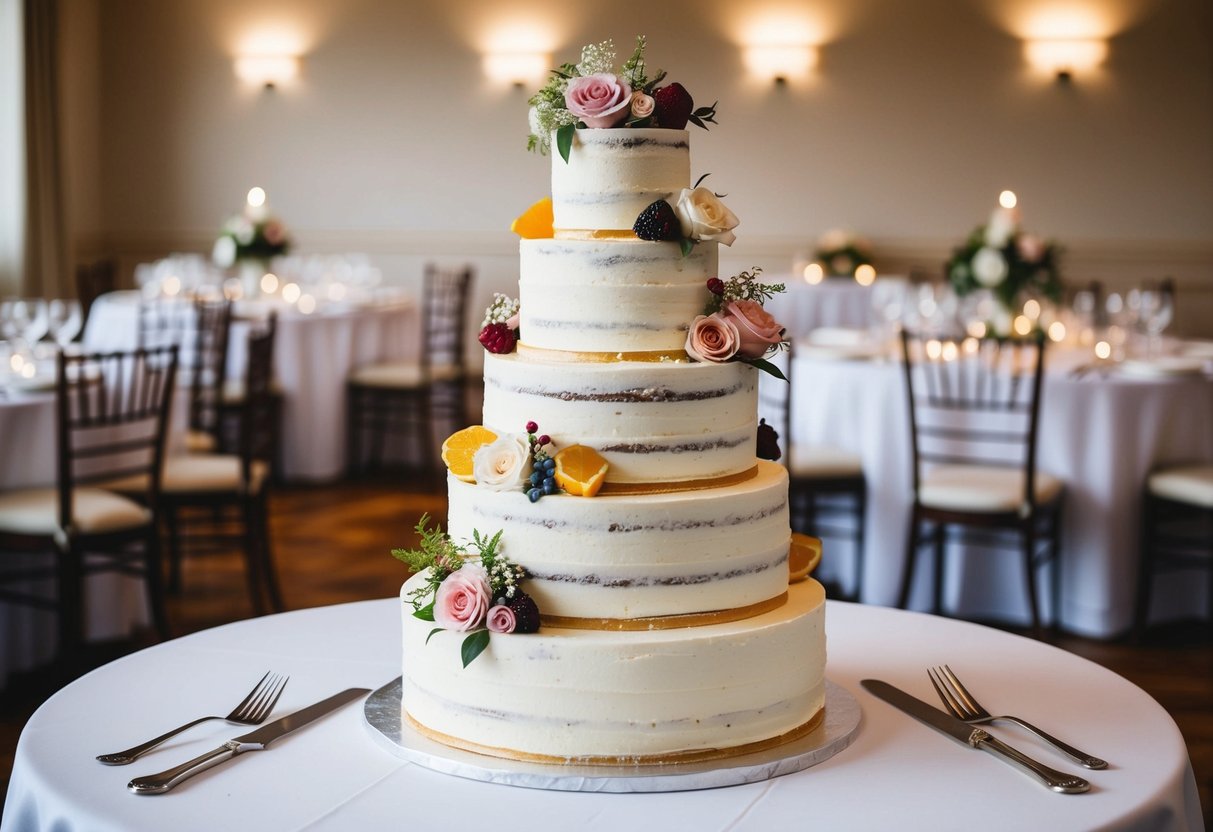 A tiered wedding cake adorned with floral decorations and featuring traditional UK flavors like fruitcake and Victoria sponge