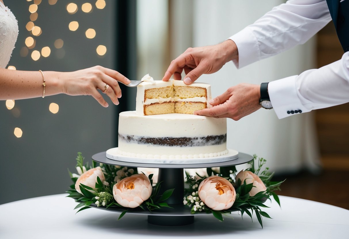 A couple's hands reach for the first slice of wedding cake on a modern, tiered stand surrounded by traditional floral decorations