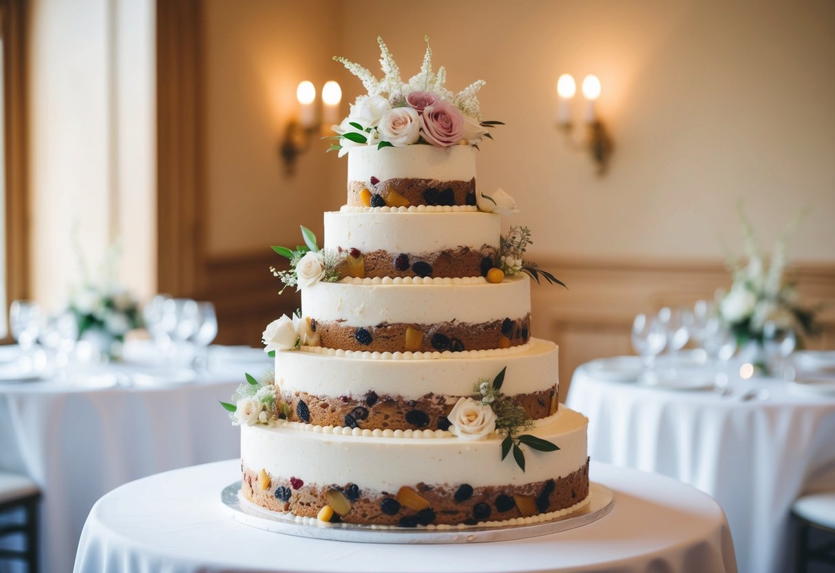 A tiered wedding cake with classic fruitcake flavor, adorned with white icing and delicate floral decorations