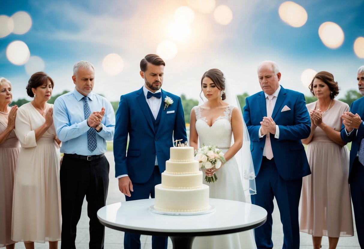 A bride and groom stand before a table without a wedding cake, surrounded by disappointed guests