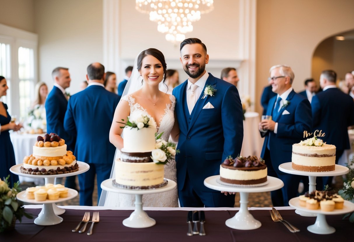 A bride and groom standing in front of a table adorned with various non-cake dessert options, while guests mingle and chat in the background