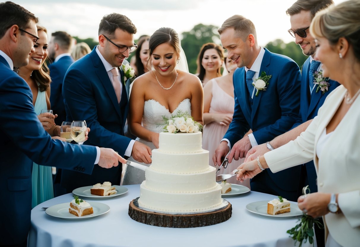Guests gather around the wedding cake, cutting and serving themselves slices