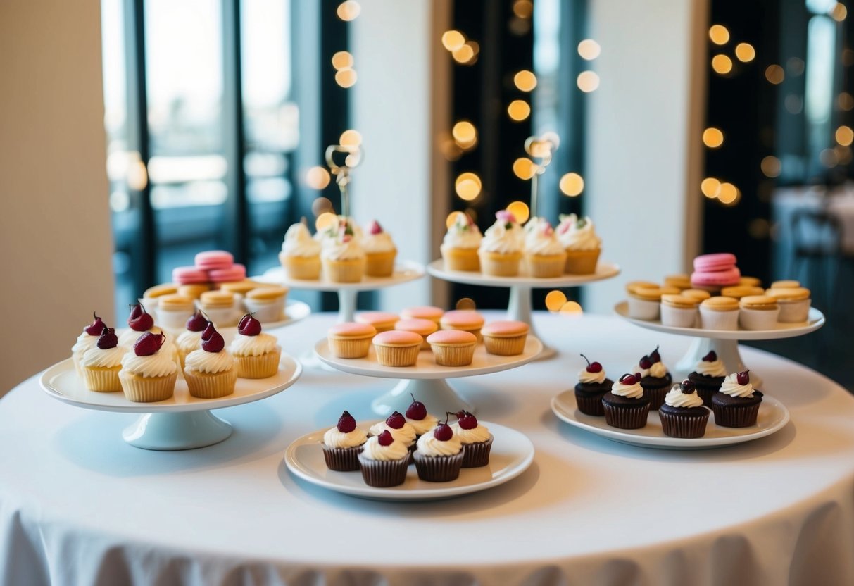 A table adorned with an array of modern dessert options, including cupcakes, macarons, and mini tarts, displayed on elegant platters and stands