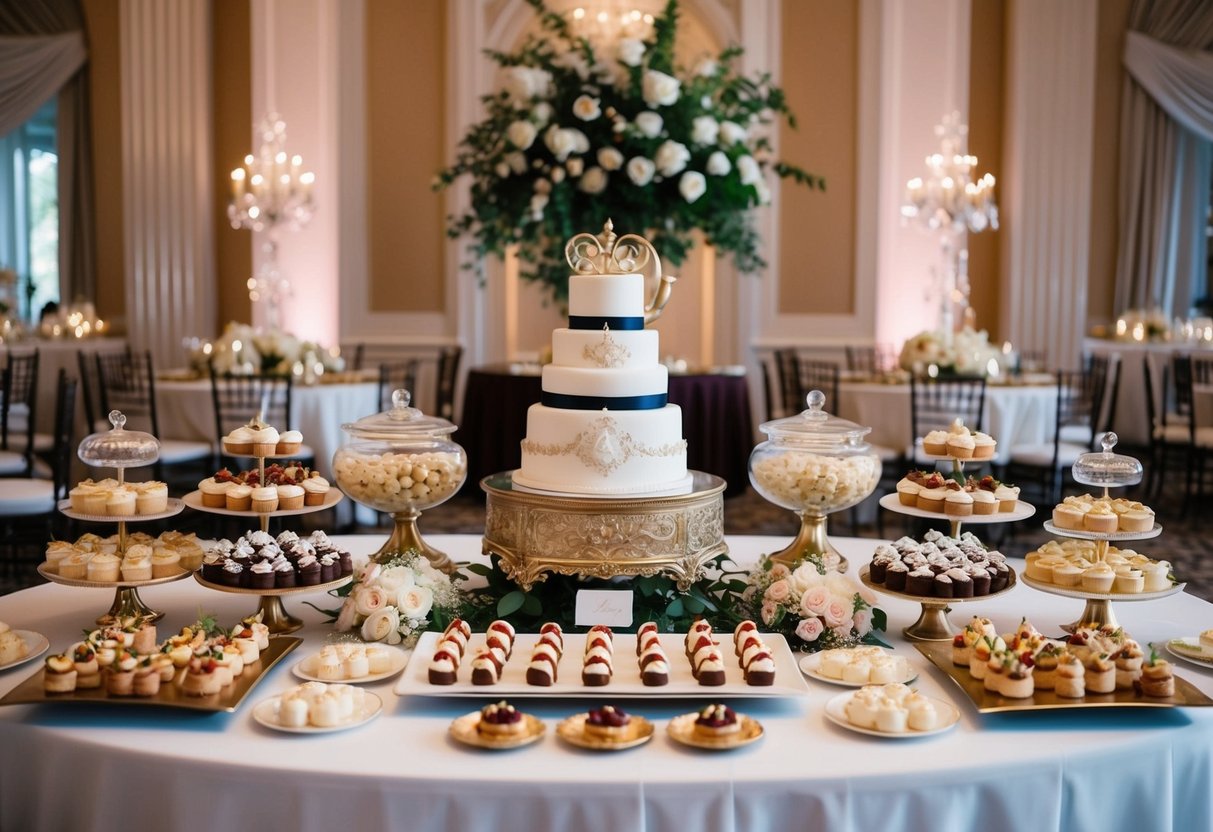 A lavish wedding reception with a decadent dessert spread, featuring a variety of sweet treats and elaborate confections