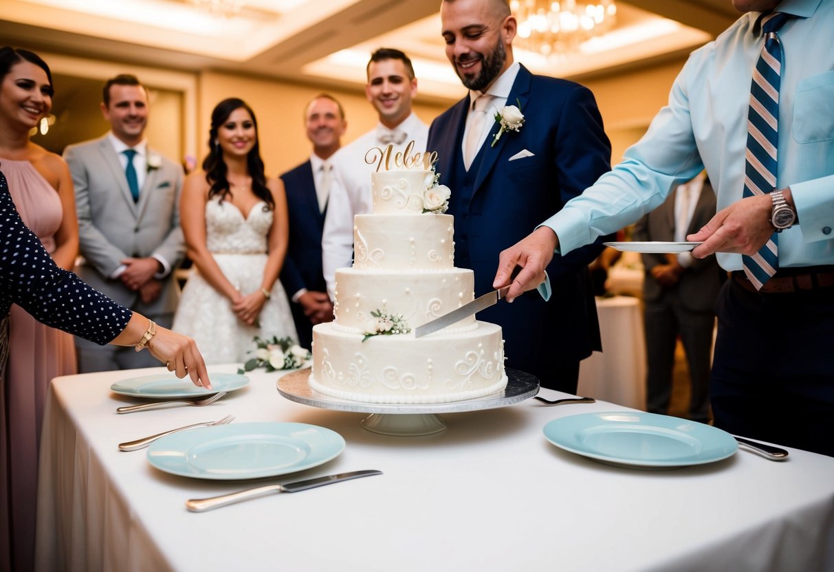 A beautifully decorated wedding cake being sliced and served on plates to a group of guests at a reception