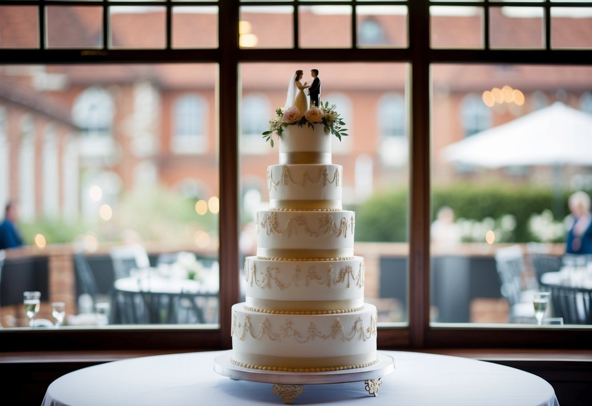 A 4-tier wedding cake stands on a table, each tier decreasing in size from bottom to top. The cake is adorned with intricate designs and topped with flowers or figurines