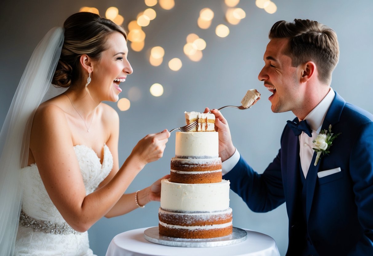 The bride and groom playfully feed each other cake, sharing a sweet moment of love and unity