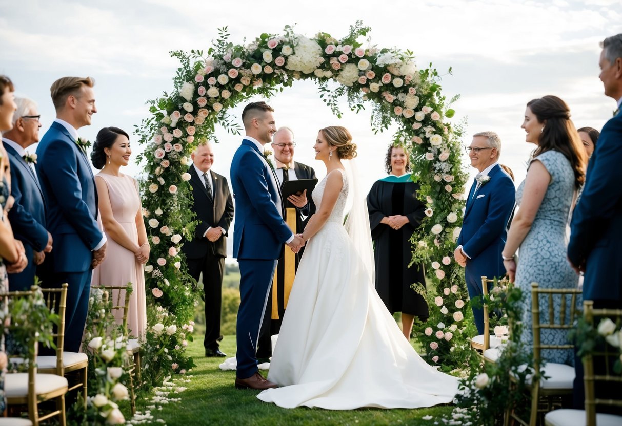 A bride and groom stand beneath a floral arch, surrounded by guests and a wedding officiant