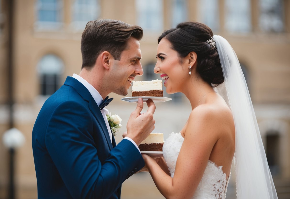 The bride and groom stand facing each other, holding cake slices. They both lean in to feed each other a bite of cake, smiling