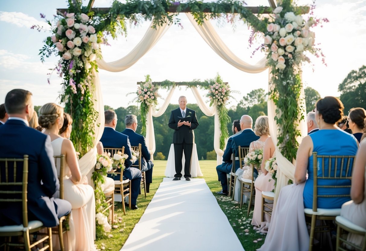 A wedding arch adorned with flowers and draped with fabric, surrounded by guests seated in rows, with an officiant standing at the center