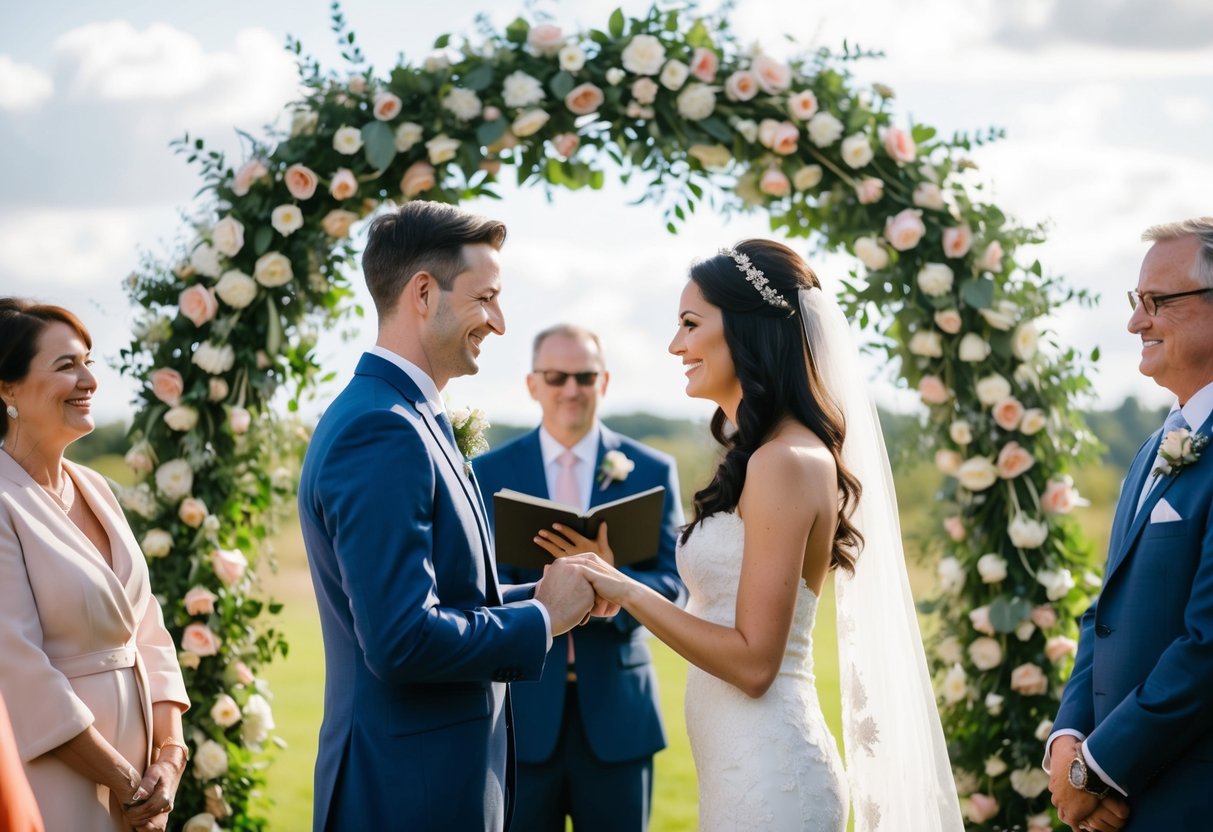 A couple exchanging vows under a floral arch, surrounded by family and friends